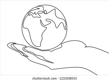Continuous one line drawing. hand holding Earth globe.