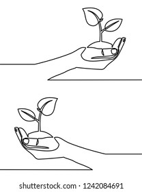 Continuous one line drawing. hand showing growing plant. Black and white background vector illustration.