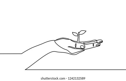 Continuous one line drawing. hand showing growing plant. Black and white background vector illustration.