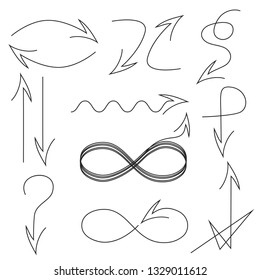 Continuous one line drawing. Hand drawn arrows set on a white background. Linear style
