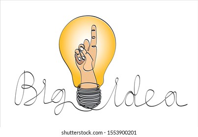 Continuous one line drawing hand in bulb. Big Idea, vector illustration minimalism concept of idea and creativity.