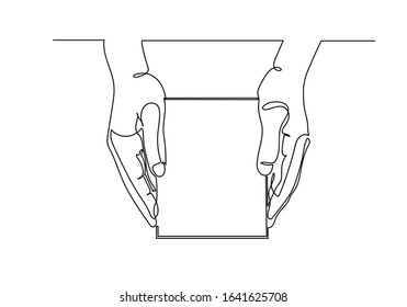 Continuous one line drawing of hand holding box package or gift box, vector illustration.
