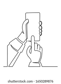 Durchlaufende Zeichnung einer Hand, die ein Handy hält. Design-Element einzeln auf weißem Hintergrund. Vektorillustration