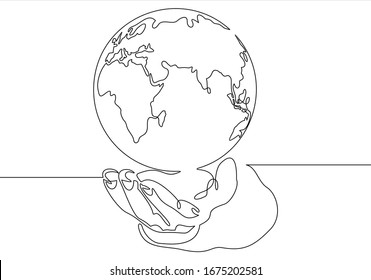 Continuous one line drawing. hand holding Earth globe.