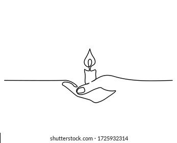 Continuous one line drawing. Hand holding burning candle. Vector illustration.