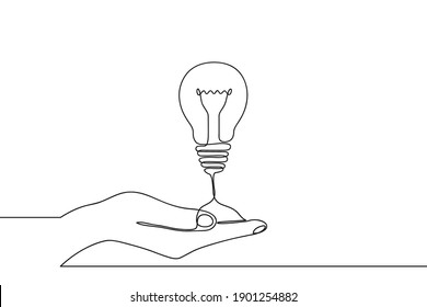 Continuous one line drawing of hand holding electric light bulb at palm arm. Concept of idea emergence or generate and giving business ideas. Vector illustration.