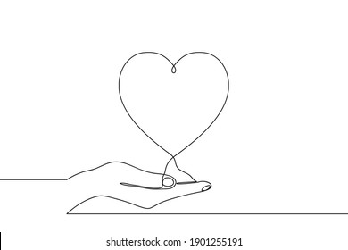 Continuous one line drawing of hand holding heart on palm. Vector illustration.