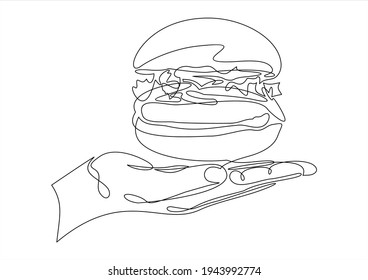 Continuous One Line Drawing Hand Holding Burger Fast Food Vector Illustration.