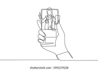 Continuous one line drawing hand holding smartphone and there is hijab female doctor coming out of smartphone screen holding clipboard. Online consultation. Single line draw design vector graphic