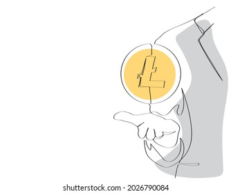 Continuous one line drawing. Hand holding abstract  
Litecoin (LTC). Cryptocurrency and e-commerce concept. 