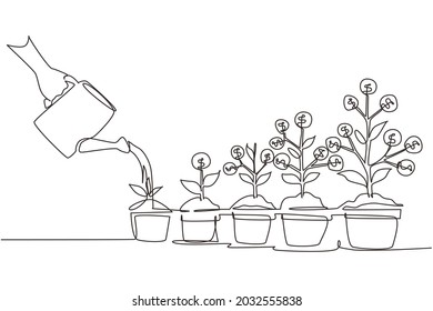 Continuous one line drawing hand and can watering money plant in pot  Step coins stacks  money saving   investment family planning concept  Single line draw design vector graphic illustration