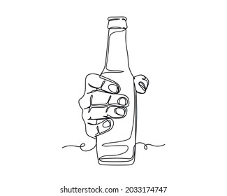 Dibujo continuo de una línea de mano sosteniendo el icono de la botella de cerveza en una silueta sobre un fondo blanco. Linear estilizado.
