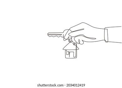 Continuous one line drawing hand holding a house key with clipping path. Real estate. Female hand holding key from house isolated on white. Buying the house. Single line draw design vector graphic