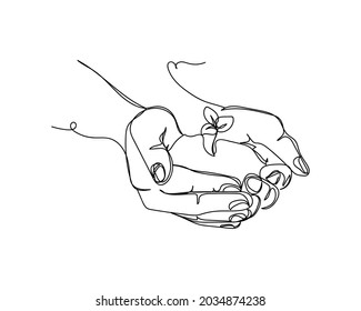 Continuous one line drawing of hand holding young seedling in soil eco concept in silhouette on a white background. Linear stylized.