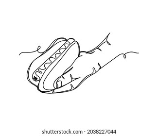 Continuous One Line Drawing Of Hand Holding Hot Dog Icon Food Concept In Silhouette On A White Background. Linear Stylized.