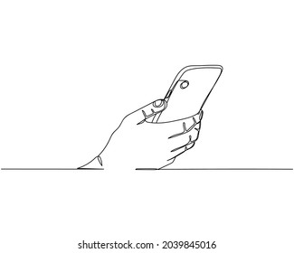 Dibujo continuo de una línea de mano sosteniendo el concepto de teléfono inteligente en línea en un icono de silueta sobre un fondo blanco. Linear estilizado.