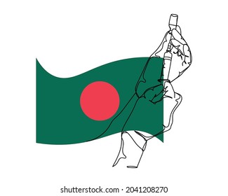 Continuous one line drawing of hand hold syringe vaccination coronavirus on background flag of Bangladesh in silhouette on a white background. Linear stylized.