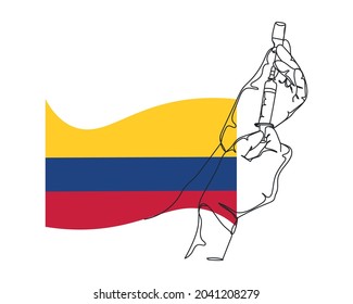 Durchlaufende 1-zeilige Zeichnung von Hand halten Spritze Impfcoronavirus auf der Flagge Kolumbiens in Silhouette auf weißem Hintergrund. Linear stilisiert.