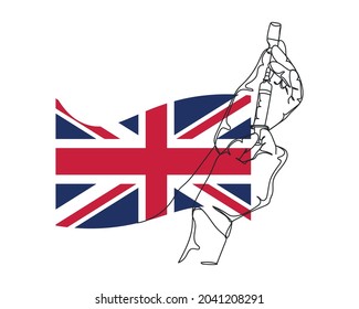 Continuous one line drawing of hand hold syringe vaccination coronavirus on background flag of The United Kingdom of Great Britain in silhouette on a white background. Linear stylized.