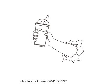 Continuous one line drawing hand holding plastic cup of famous Taiwanese bubble tea through torn white paper. Take away glass with pearl milk tea. Single line draw design vector graphic illustration