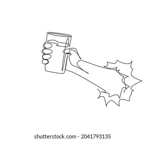 Continuous one line drawing hand holding glass with lemonade fruit juice through torn white paper. Drink made of fresh lemon juice. Juicy orange water. Relaxing time. Single line draw design vector