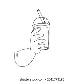 Continuous one line drawing hand holding plastic cup of famous Taiwanese bubble tea. Brown sugar flavor tapioca pearl bubble milk tea with glass straw. Single line draw design vector illustration