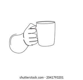 連続1行引き手はホットチョコレートマグを持つ 朝はゆっくり時間を過ごせ 人間の手は コーヒーや紅茶を入れた陶器製のカップ を持っている 1本線の描画デザインベクターイラスト のベクター画像素材 ロイヤリティフリー