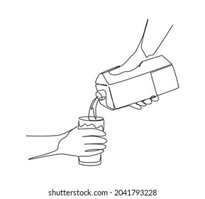 Continuous One Line Drawing Hand Holding Carton Of Milk Poured Into Glass. Hand Hold Milk Box And Pour Milk Into Glass. Splash Of Milk Drop From Carton Box. Single Line Draw Design Vector Illustration