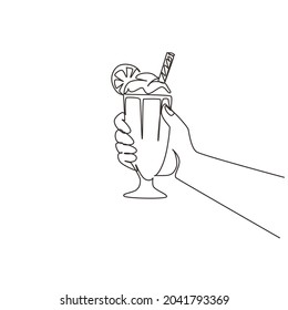 Continuous one line drawing hand holds glass milkshake with whipped cream. Cold soft drink for summer. Sweet beverage. Tasty and yummy fast food. Single line draw design vector graphic illustration