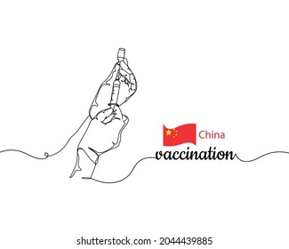 Continuo dibujo de una línea de la jeringa de mano de la jeringa de vacunación coronavirus sobre el pabellón de fondo de China en silueta sobre un fondo blanco. Linear estilizado.