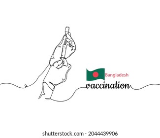 Continuo dibujo de una línea de la jeringa de mano de la jeringa de vacunación coronavirus sobre el bandera de fondo de Bangladesh en silueta sobre un fondo blanco. Linear estilizado.