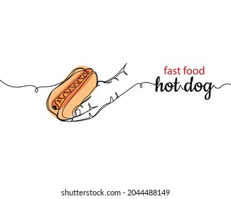 Continuous One Line Drawing Of Hand Holding Hot Dog Icon Fast Food Concept In Silhouette On A White Background. Linear Stylized.