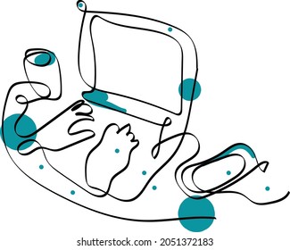 Dibujo continuo de una línea de escritura a mano en un portátil con smartphone y una taza de café en el escritorio. Dibujo en línea para medios sociales y medios impresos.