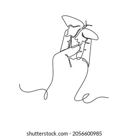 Continuous one line drawing of hand holds beautiful butterfly ecology concept in silhouette on a white background. Linear stylized.