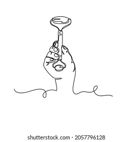Continuous one line drawing of hand holding in massage tool flawless skin lifting in silhouette on a white background. Linear stylized.