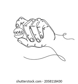 Dibujo continuo de una línea de mano sosteniendo el botón de voto en silueta sobre un fondo blanco. Linear estilizado.