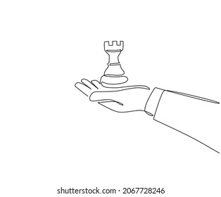 Continuous one line drawing hand holding rook chess figure. Business strategy management. Partnership offer. Sport, competition, competitive, strategic move. Single line draw design vector graphic