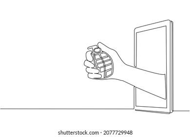 Continuous one line drawing hand holding grenade through mobile phone. Concept of warfare video games, e-sport, entertainment application for smartphones. Single line draw design vector illustration