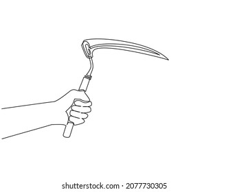 Continuous One Line Drawing Hand Holding Farm Scythe. Scythe Agricultural Hand Tool For Mowing Grass Or Reaping Crops, Sketch Engraving Isolated. Single Line Draw Design Vector Graphic Illustration