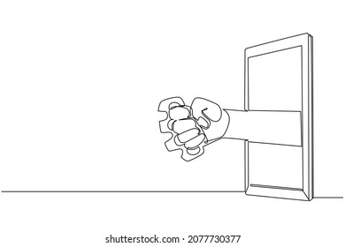 Continuous one line drawing hand holding brass knuckles through mobile phone. Concept of fighting video games, e-sport, entertainment application for smartphone. Single line draw design vector graphic