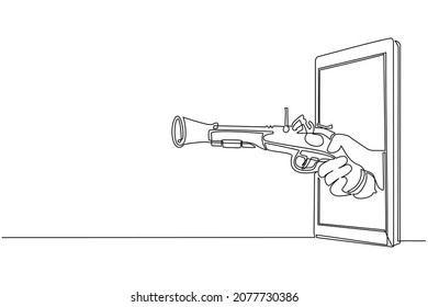 Kontinuierliche Zeichenkette, die alte Flintlock-Pistole über das Handy hält. Konzept der Piraten-Videospiele, e-Sport, Unterhaltung für Smartphones. Einzeilige Zeichentechnik