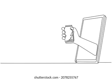Continuous one line drawing hand holding soda can through mobile phone. Concept of cafe drink order delivery online food. Application for smartphones. Single line design vector graphic illustration