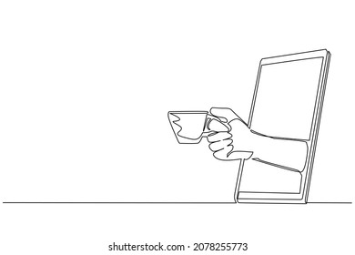 Continuous one line drawing hand holding cup of hot coffee through mobile phone. Concept of cafe drink order delivery online food. App for smartphones. Single line draw design vector illustration