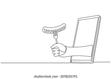Continuous one line drawing hand holding sausage on fork through mobile phone. Concept of restaurant order delivery online food. Application for smartphones. Single line draw design vector graphic