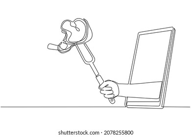 Continuous one line drawing hand holding steak on fork through mobile phone. Concept of restaurant order delivery online food. App for smartphones. Single line draw design vector graphic illustration