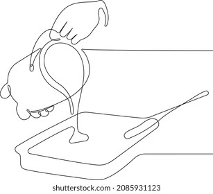 Continuous one line drawing of hand pours paint into the tray and dips roller professional interior construction worker pouring. Outline minimal concept. Vector illustration.