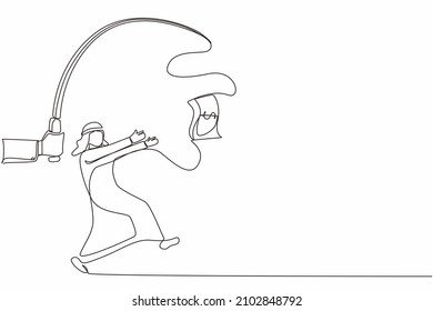 Continuous one line drawing hand with fishing pole and dollar cash control greedy Arab businessman under hypnosis. Man running after dangling dollar, trying to catch it. Single line draw design vector