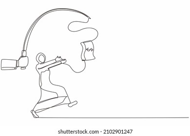 Continuous one line drawing hand with fishing pole and dollar cash control greedy Arab businesswoman under hypnosis. Woman running after dangling dollar, trying to catch it. Single line design vector