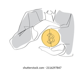 Continuous one line drawing. Hand holding abstract bitcoin. Cryptocurrency and e-commerce concept. 