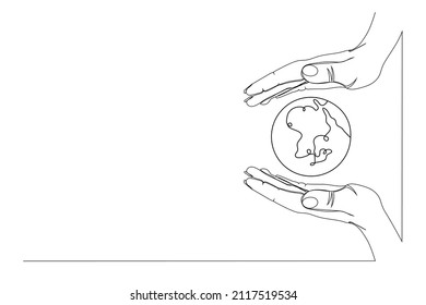 Continuous one line drawing. Hand holding Earth globe. Vector illustration